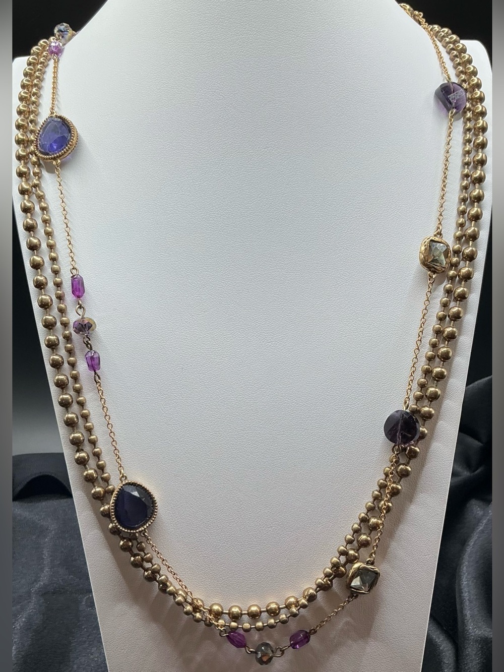 CHICOS GOLD TONE PURPLE LONG BEADED MULTI STRAND NECKLACE